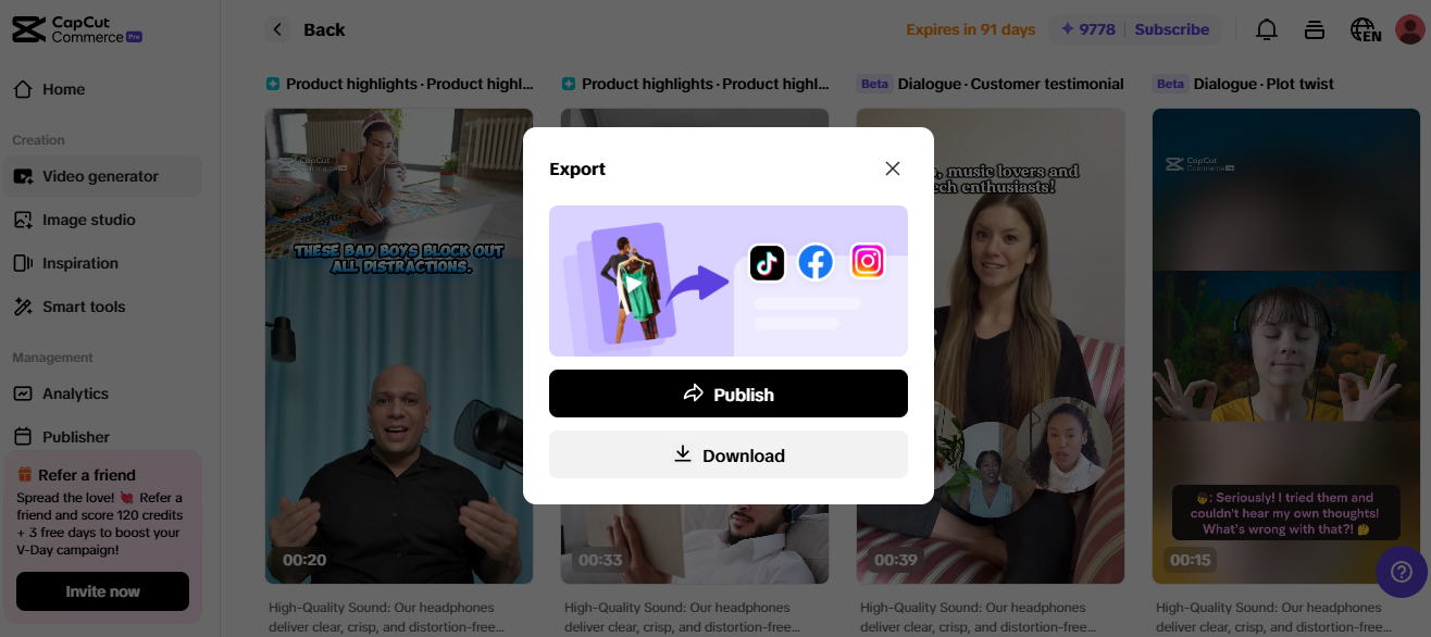 CapCut Commerce Pro dashboard showing video content for Amazon product promotion, set for export to social media platforms.